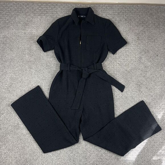 MNG Jumpsuit Womens Medium Black Short Sleeve Zip Front Belted Wide Leg Collared - Picture 1 of 11